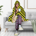 Yellow And Black Checkered Pattern Print Hooded Blanket