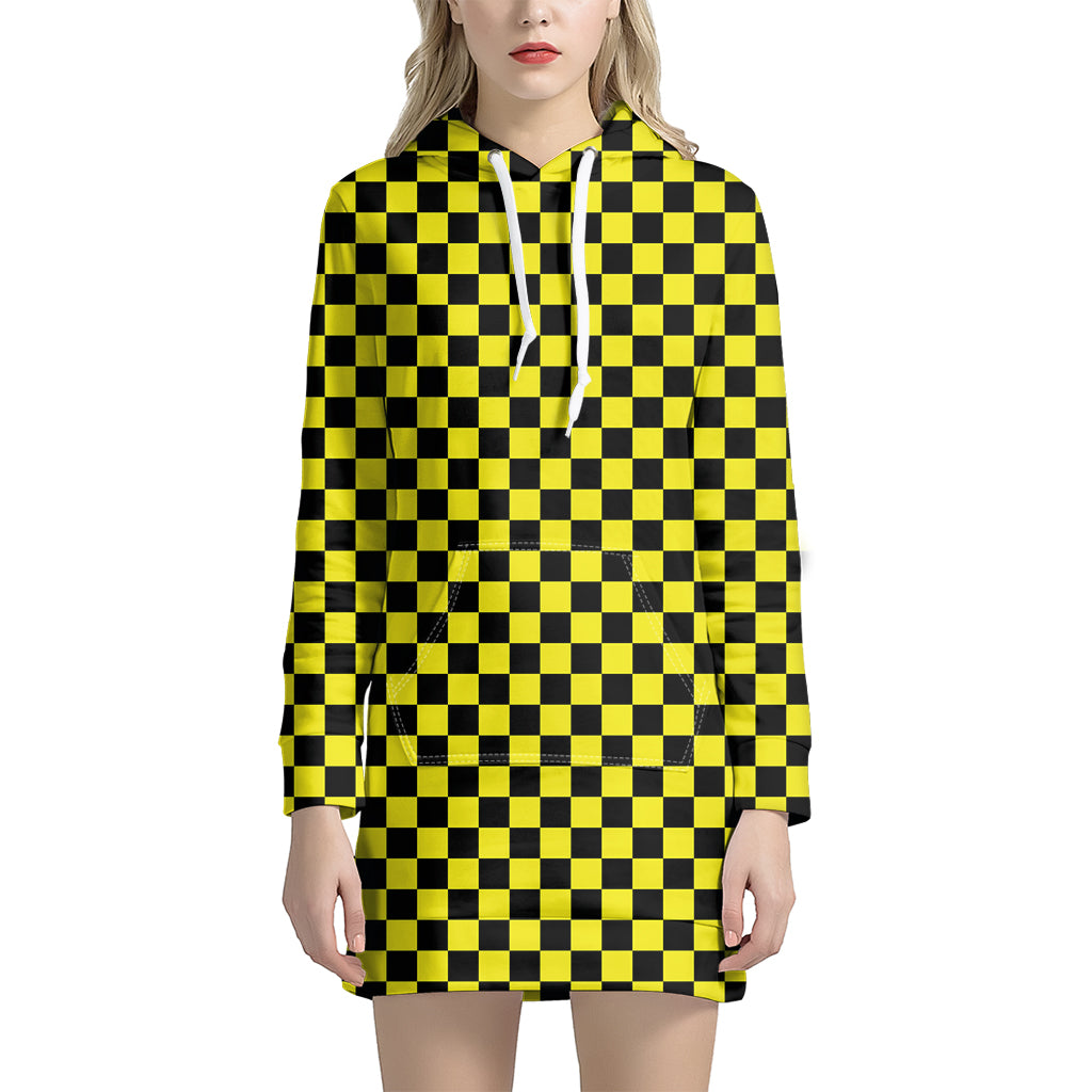 Yellow And Black Checkered Pattern Print Hoodie Dress