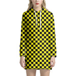 Yellow And Black Checkered Pattern Print Hoodie Dress
