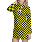 Yellow And Black Checkered Pattern Print Hoodie Dress