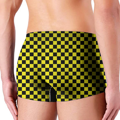 Yellow And Black Checkered Pattern Print Men's Boxer Briefs