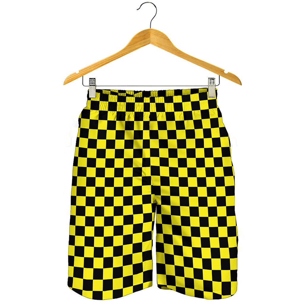 Yellow And Black Checkered Pattern Print Men's Shorts