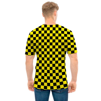 Yellow And Black Checkered Pattern Print Men's T-Shirt