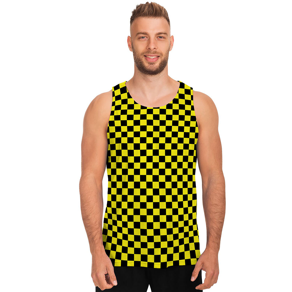 Yellow And Black Checkered Pattern Print Men's Tank Top