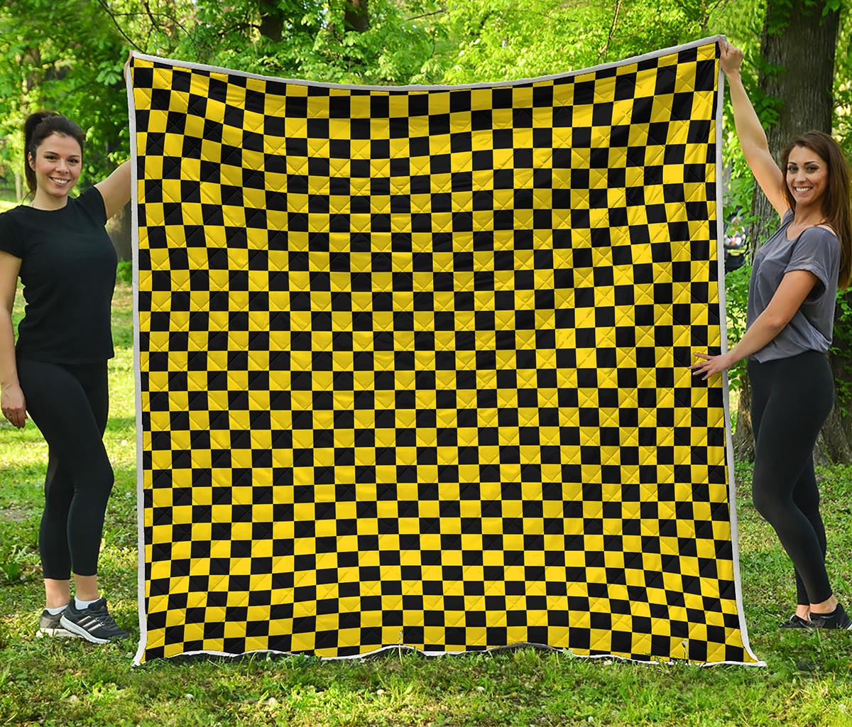 Yellow And Black Checkered Pattern Print Quilt