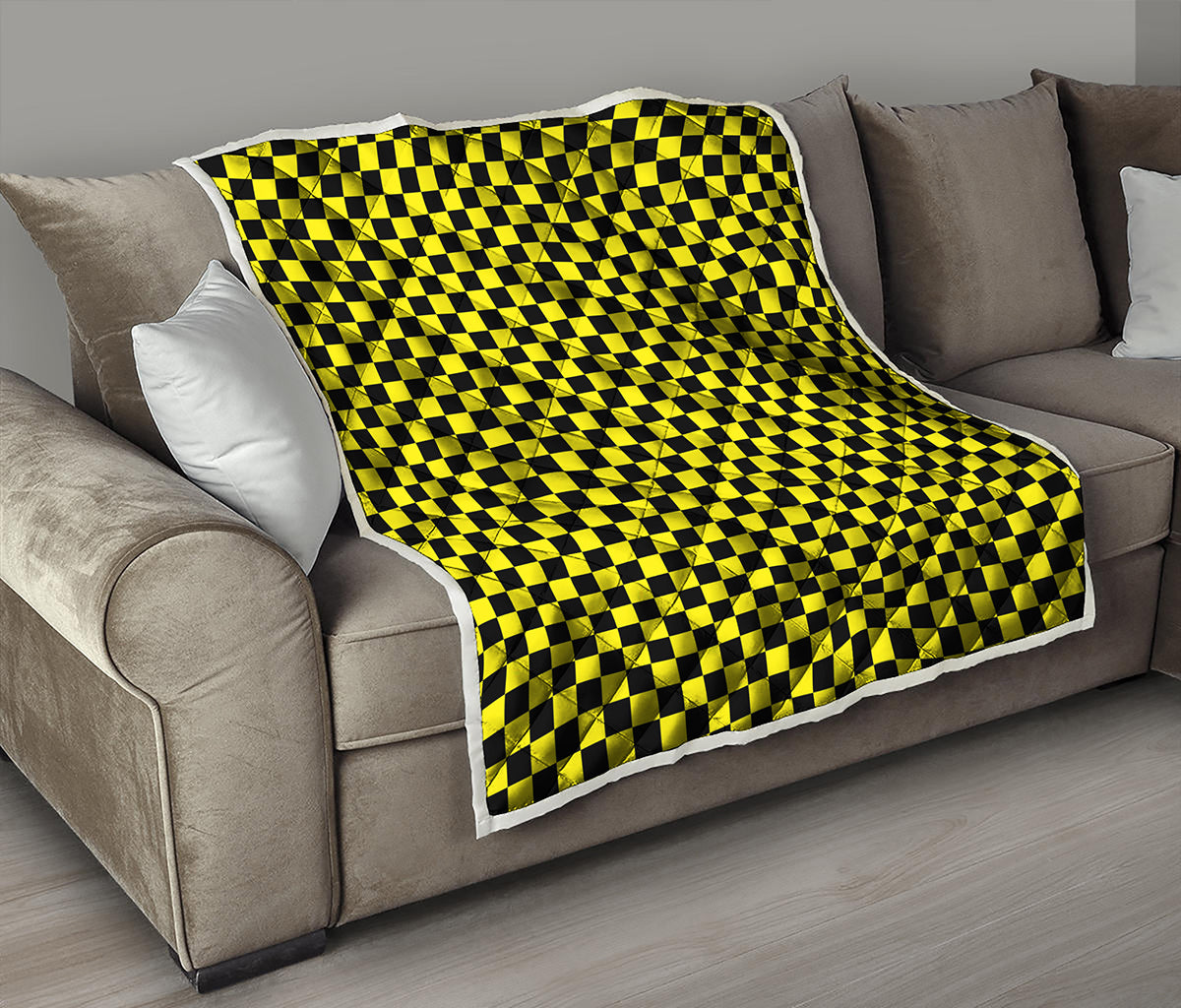 Yellow And Black Checkered Pattern Print Quilt