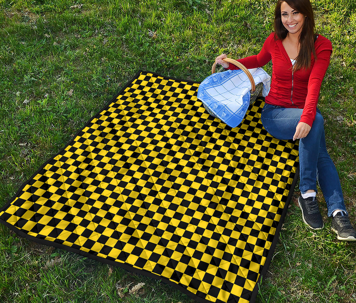Yellow And Black Checkered Pattern Print Quilt