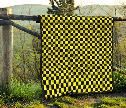 Yellow And Black Checkered Pattern Print Quilt