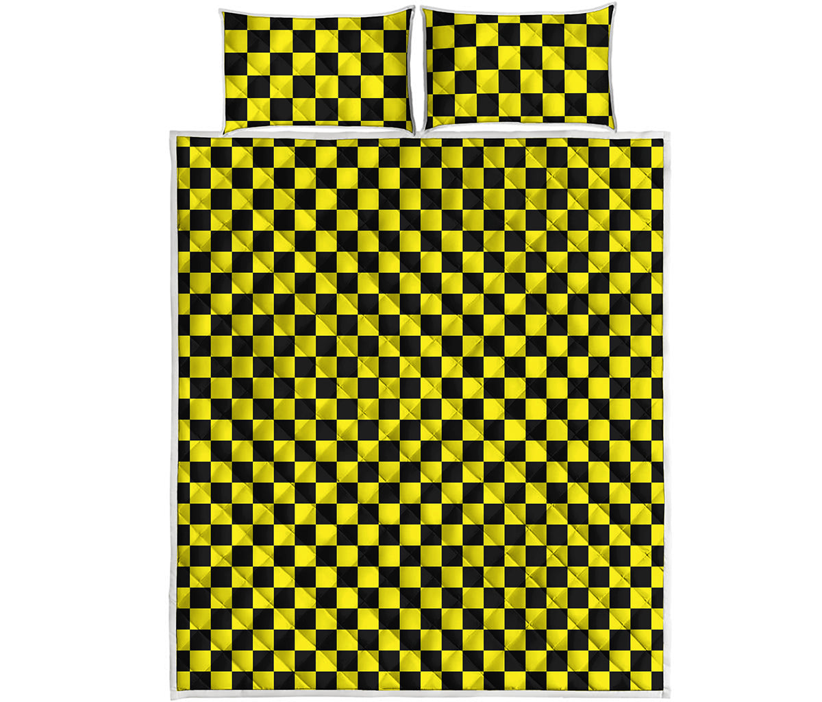 Yellow And Black Checkered Pattern Print Quilt Bed Set