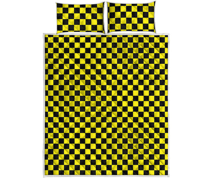 Yellow And Black Checkered Pattern Print Quilt Bed Set