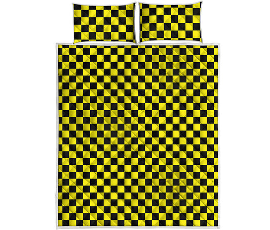 Yellow And Black Checkered Pattern Print Quilt Bed Set
