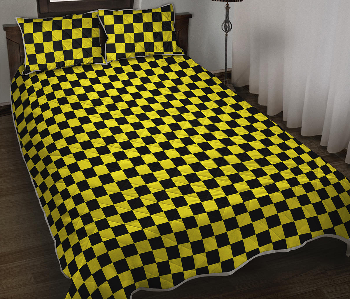 Yellow And Black Checkered Pattern Print Quilt Bed Set
