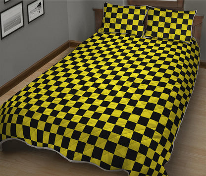 Yellow And Black Checkered Pattern Print Quilt Bed Set
