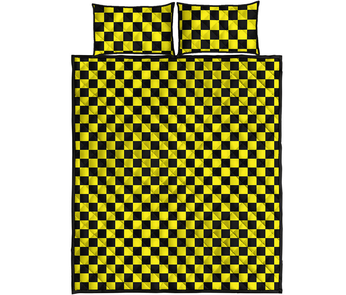 Yellow And Black Checkered Pattern Print Quilt Bed Set