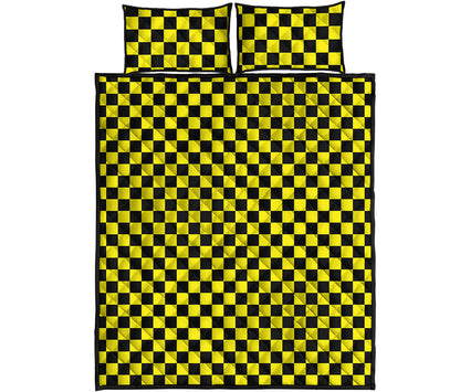 Yellow And Black Checkered Pattern Print Quilt Bed Set