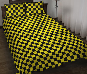 Yellow And Black Checkered Pattern Print Quilt Bed Set