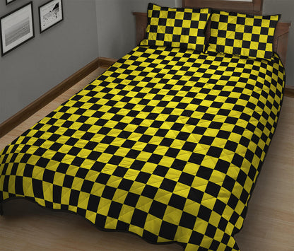 Yellow And Black Checkered Pattern Print Quilt Bed Set