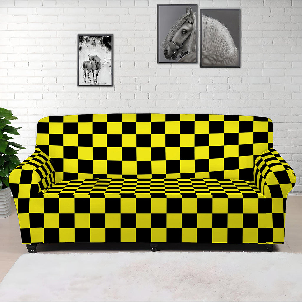 Yellow And Black Checkered Pattern Print Sofa Cover