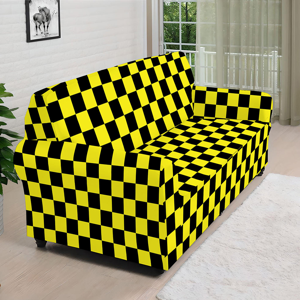 Yellow And Black Checkered Pattern Print Sofa Cover