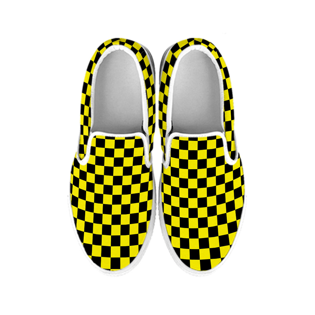 Yellow And Black Checkered Pattern Print White Slip On Shoes