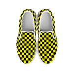 Yellow And Black Checkered Pattern Print White Slip On Shoes
