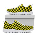 Yellow And Black Checkered Pattern Print White Running Shoes