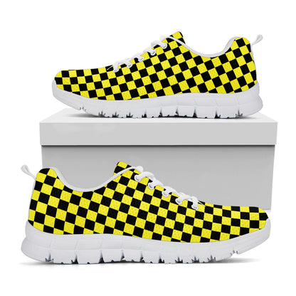 Yellow And Black Checkered Pattern Print White Sneakers