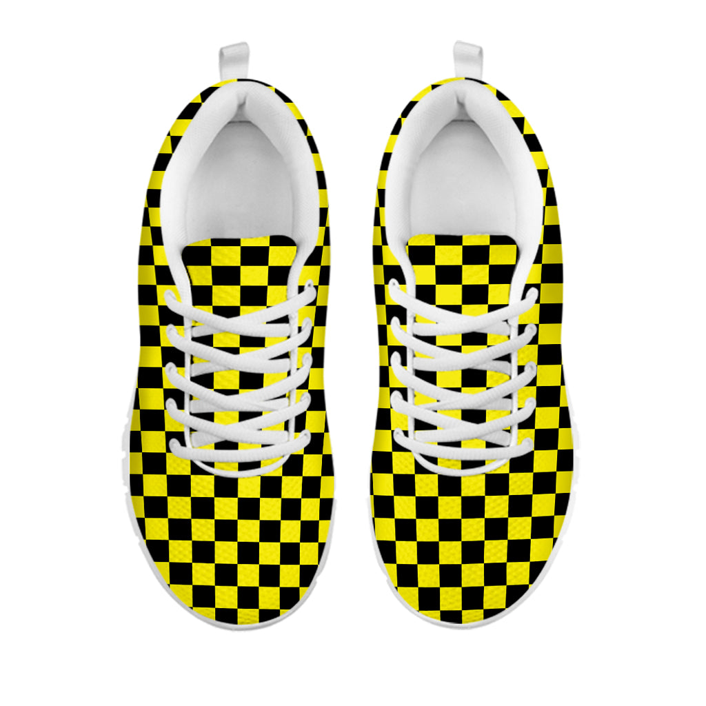Yellow And Black Checkered Pattern Print White Sneakers