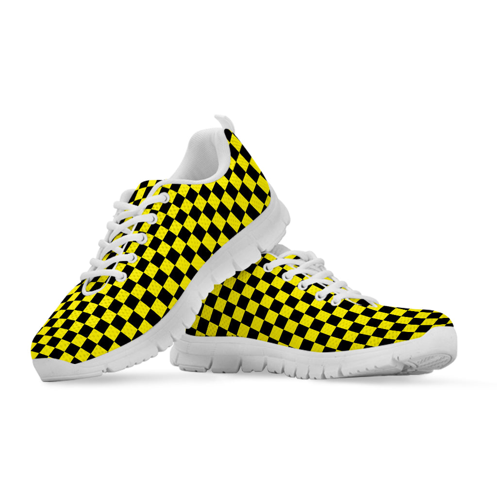 Yellow And Black Checkered Pattern Print White Sneakers