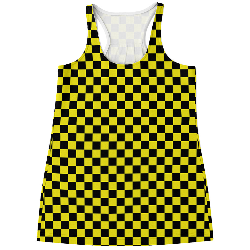 Yellow And Black Checkered Pattern Print Women's Racerback Tank Top