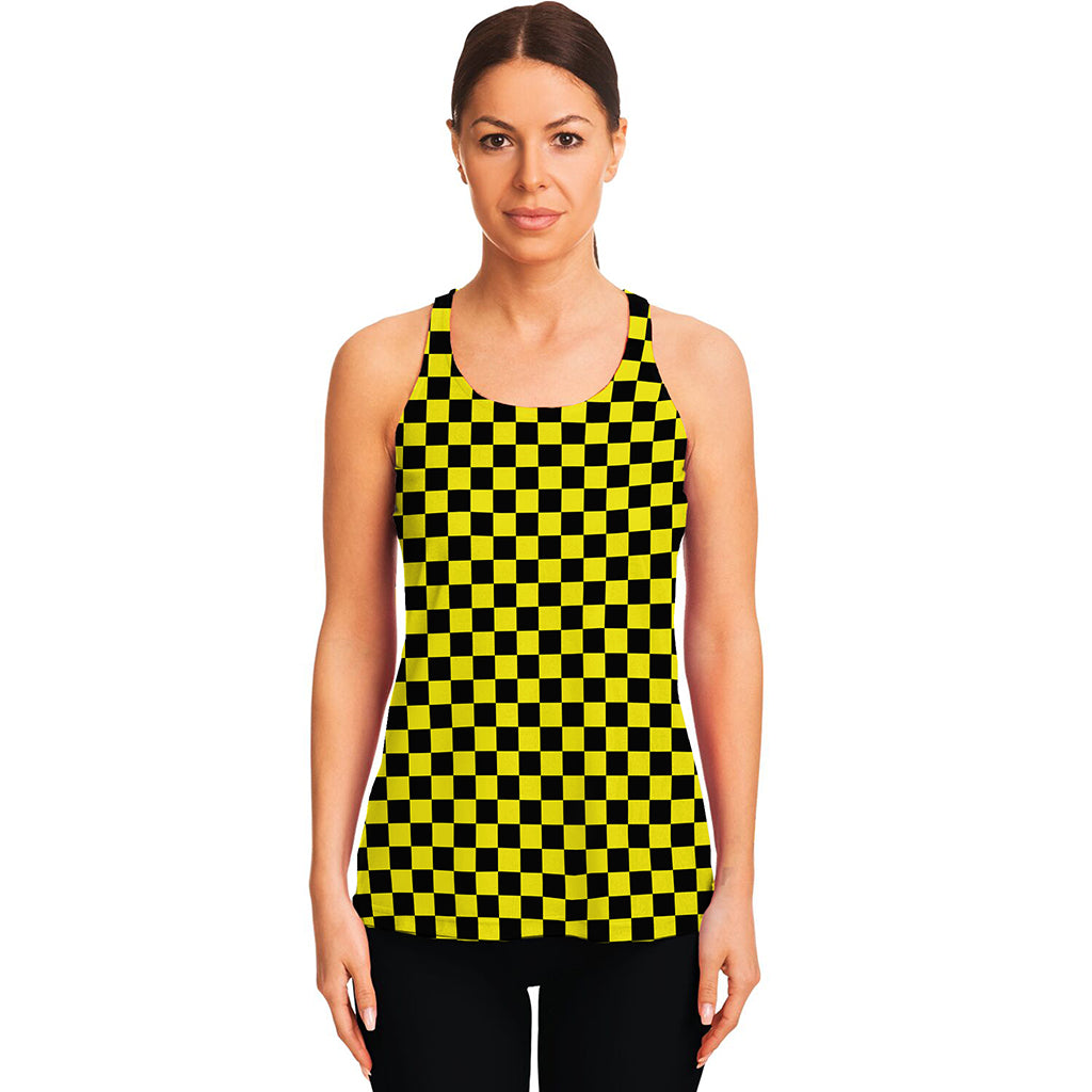 Yellow And Black Checkered Pattern Print Women's Racerback Tank Top