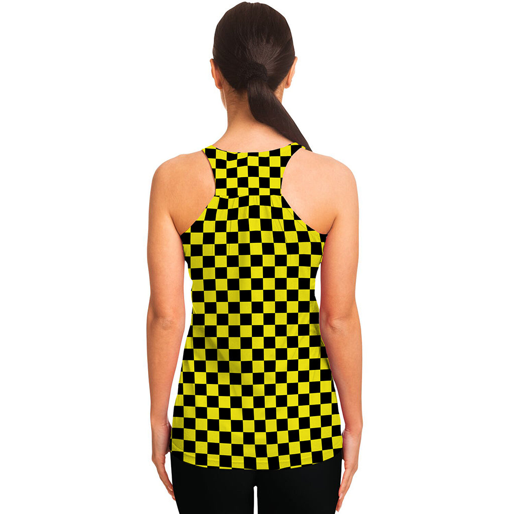 Yellow And Black Checkered Pattern Print Women's Racerback Tank Top