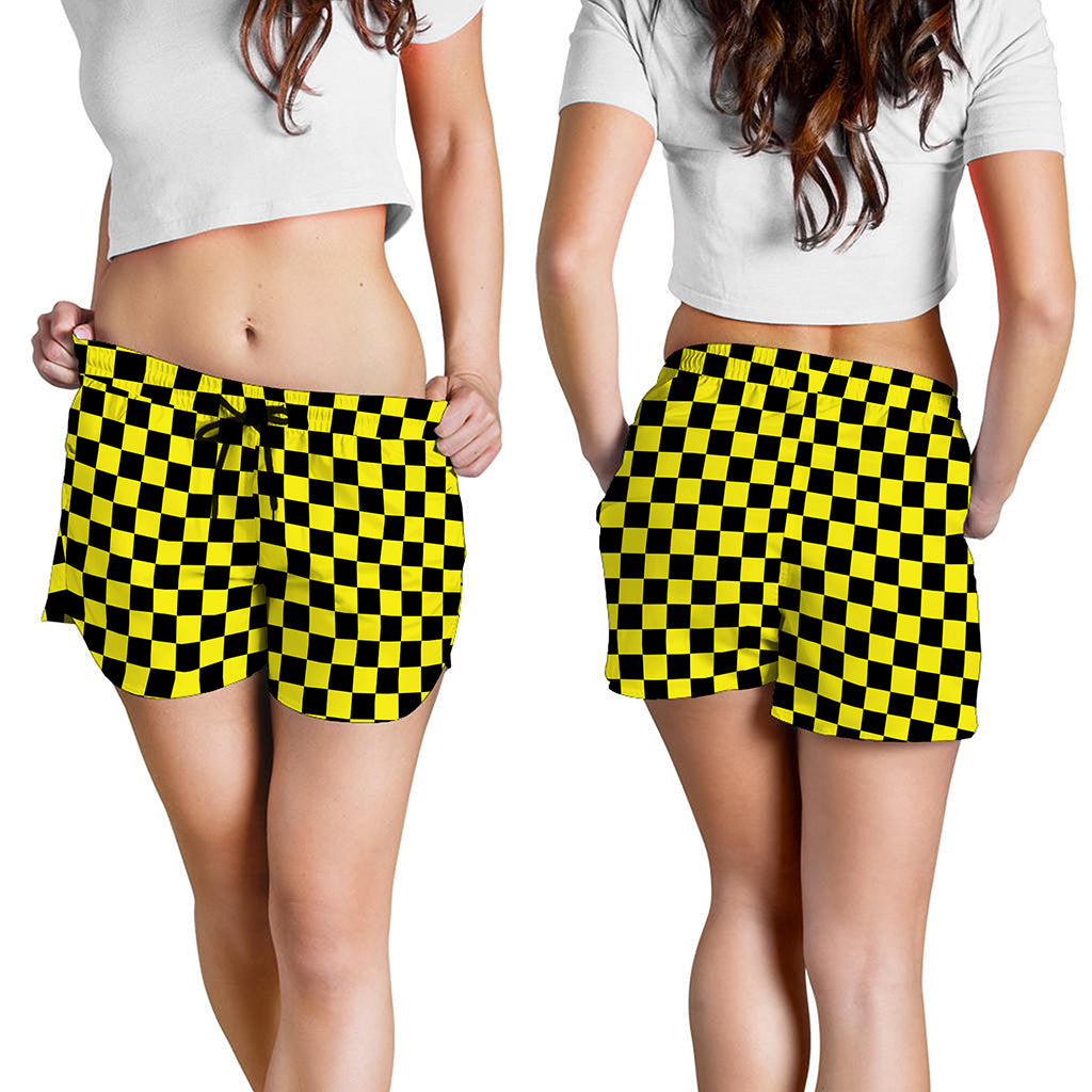 Yellow And Black Checkered Pattern Print Women's Shorts