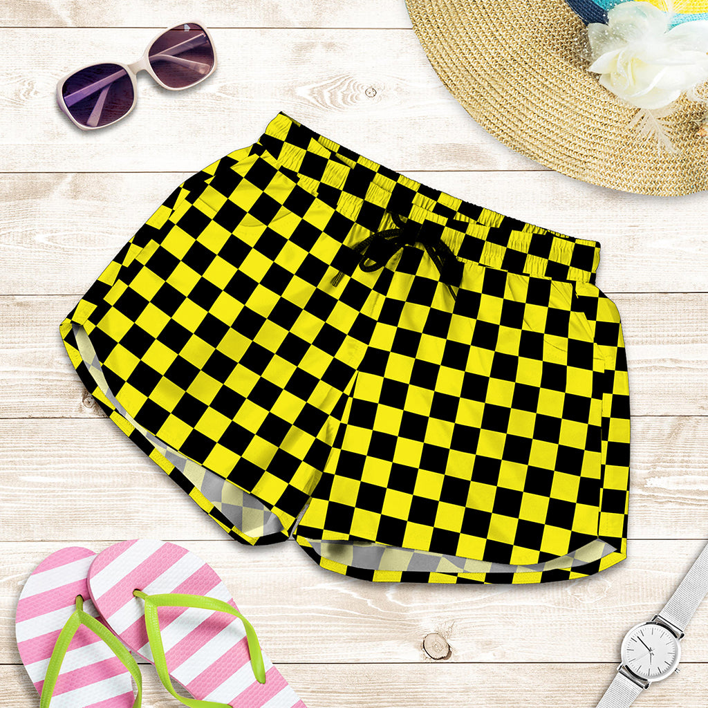 Yellow And Black Checkered Pattern Print Women's Shorts