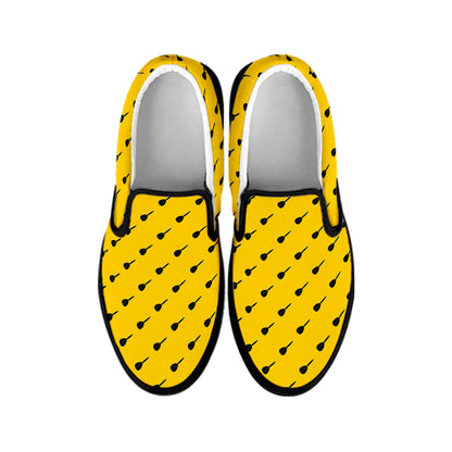Yellow And Black Dart Pattern Print Black Slip On Shoes