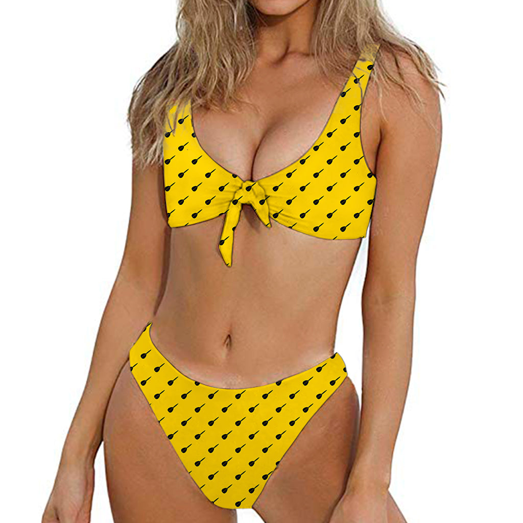 Yellow And Black Dart Pattern Print Front Bow Tie Bikini