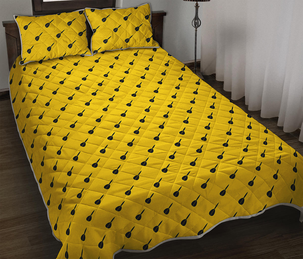 Yellow And Black Dart Pattern Print Quilt Bed Set
