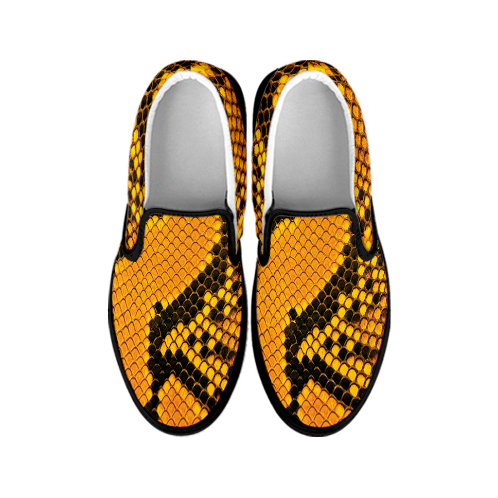 Yellow And Black Snakeskin Print Black Slip On Shoes
