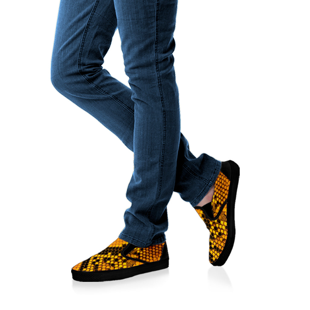 Yellow And Black Snakeskin Print Black Slip On Shoes
