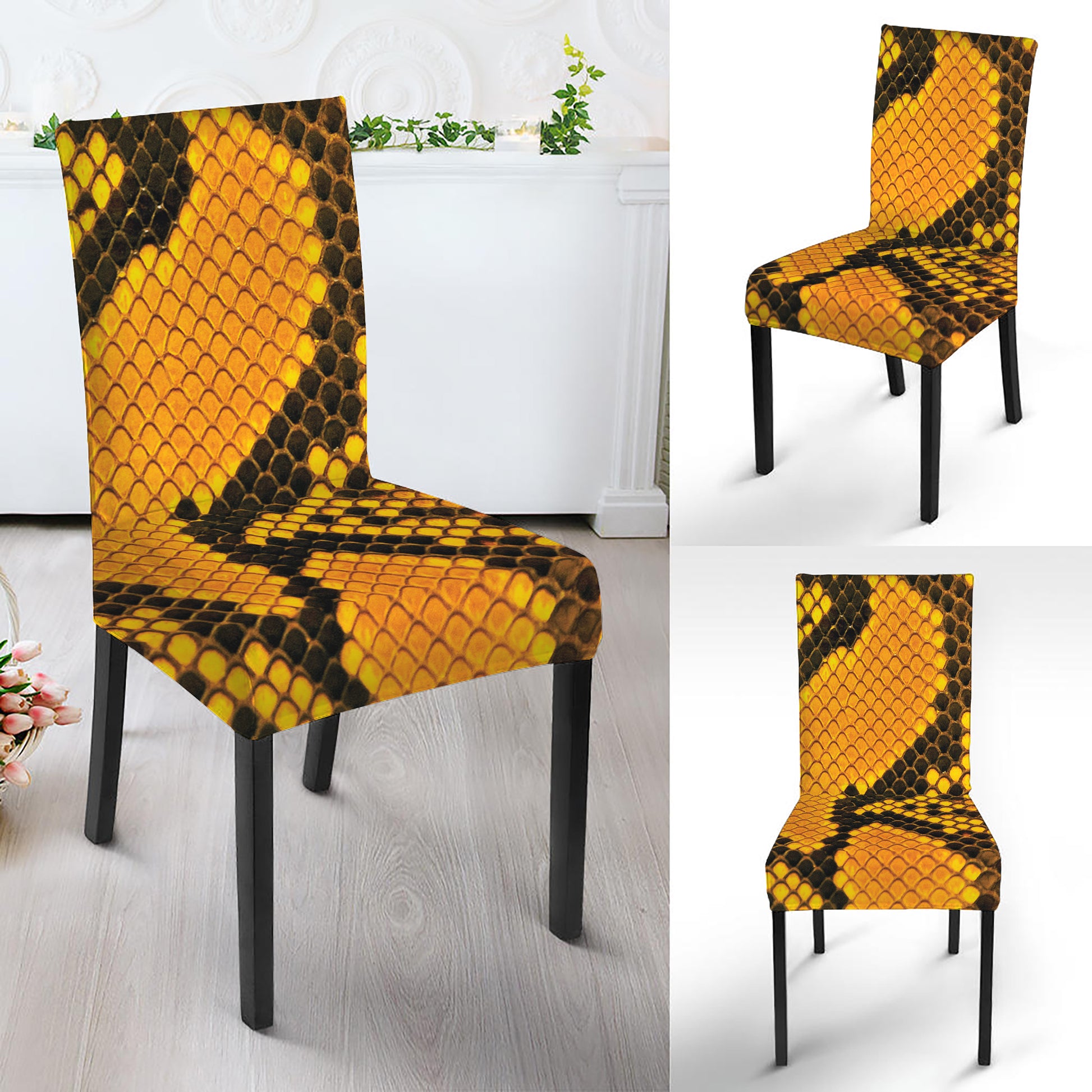 Yellow And Black Snakeskin Print Dining Chair Slipcover