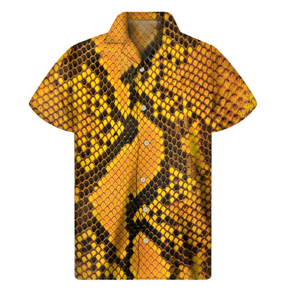 Yellow And Black Snakeskin Print Men's Short Sleeve Shirt