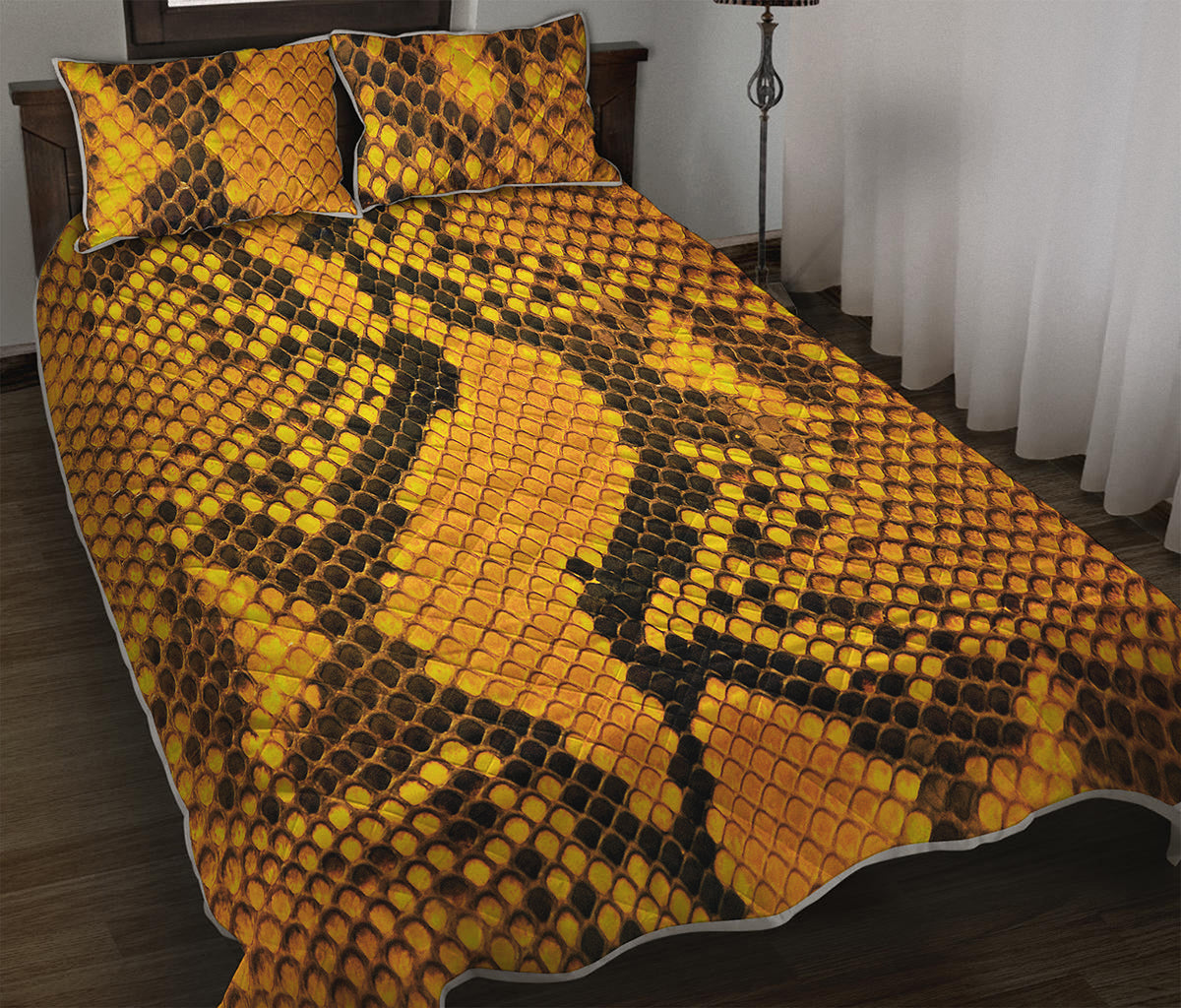 Yellow And Black Snakeskin Print Quilt Bed Set