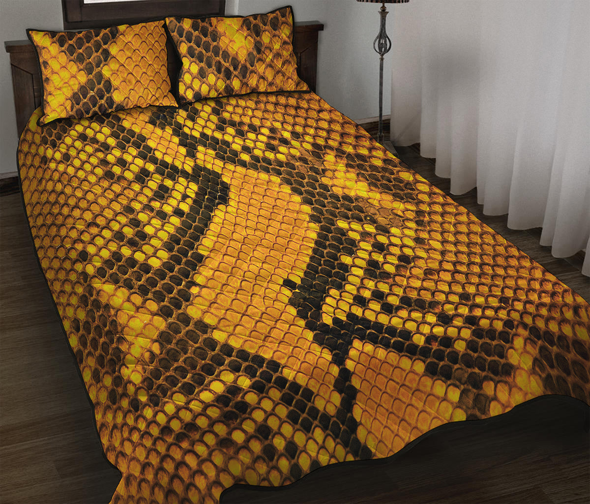 Yellow And Black Snakeskin Print Quilt Bed Set