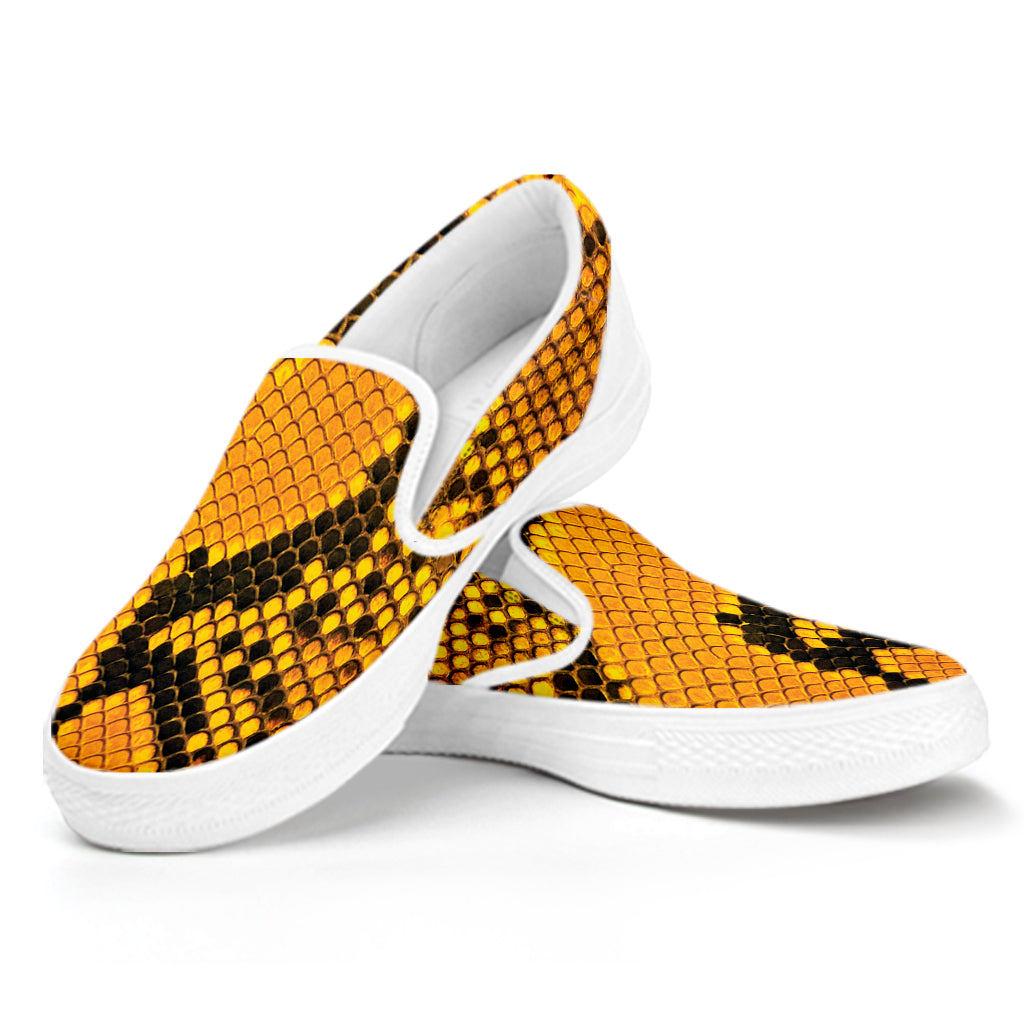Yellow And Black Snakeskin Print White Slip On Shoes