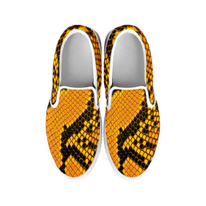 Yellow And Black Snakeskin Print White Slip On Shoes