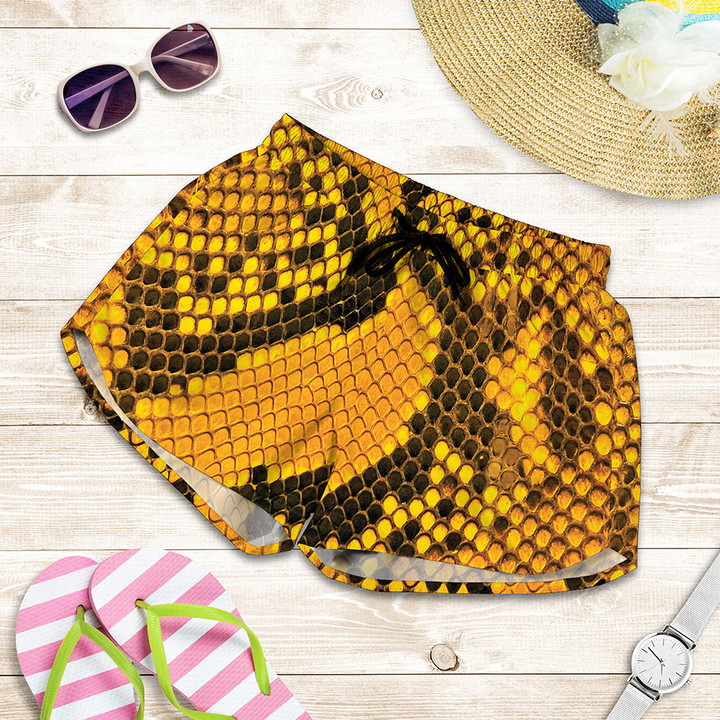 Yellow And Black Snakeskin Print Women's Shorts