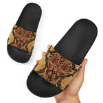 Yellow And Brown Snakeskin Print Black Slide Sandals