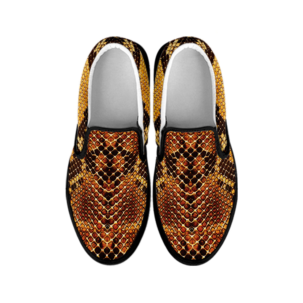 Yellow And Brown Snakeskin Print Black Slip On Shoes