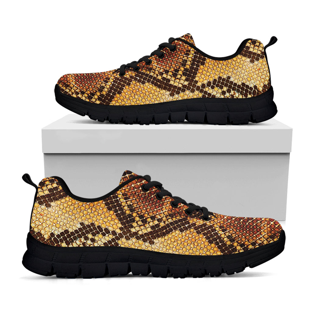 Yellow And Brown Snakeskin Print Black Sneakers