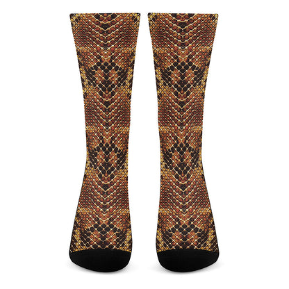 Yellow And Brown Snakeskin Print Crew Socks